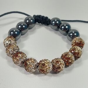 Shamballa Hematite Rhinestone Bracelet  Adjustable Macrame Cord Bronze Pave Bead